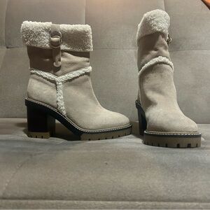 Cream Suede Shearling Cuff Block Heel Boots